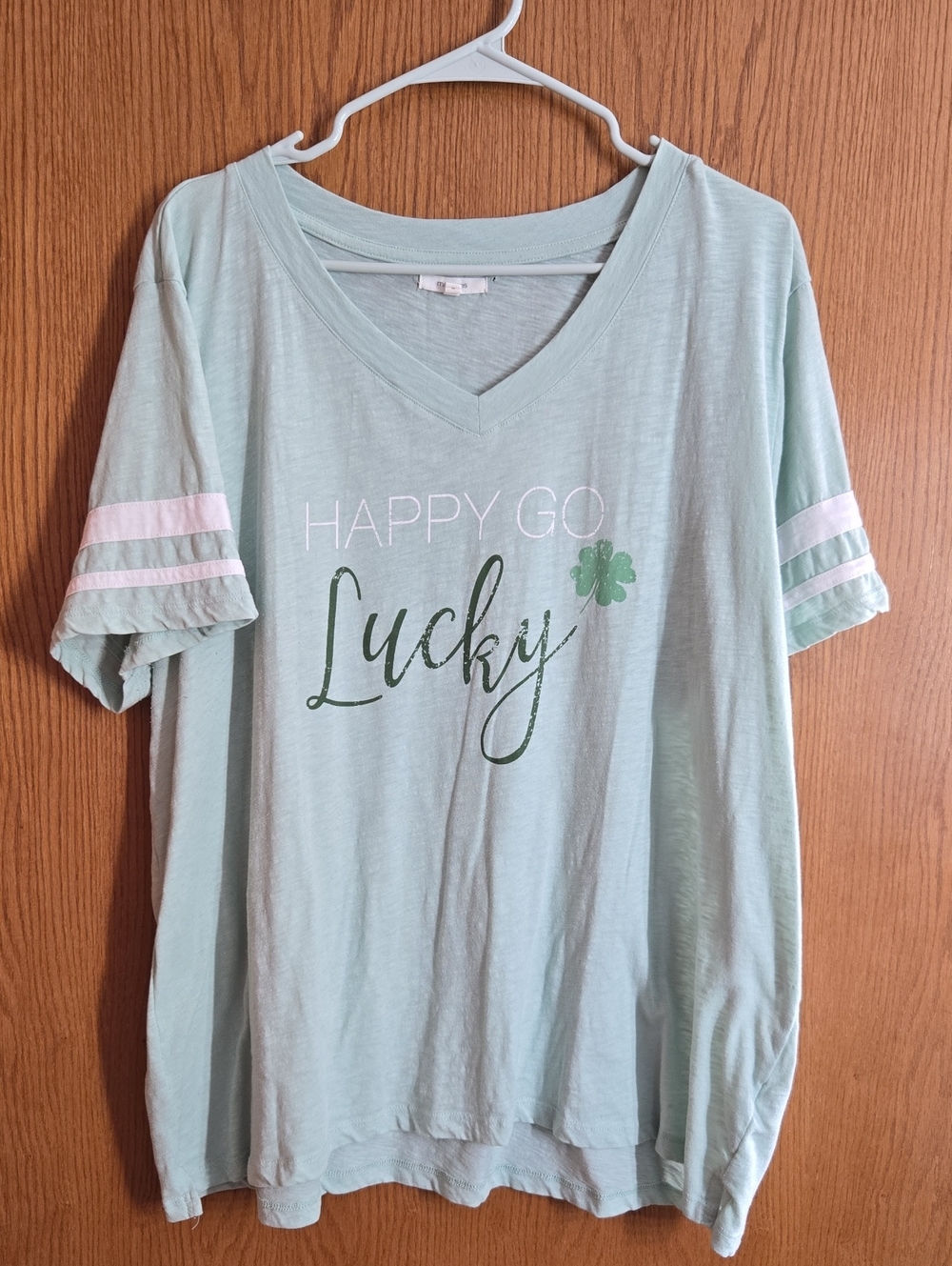 Maurices Mint Green "Lucky" V-Neck Tee with White Sleeve Stripes